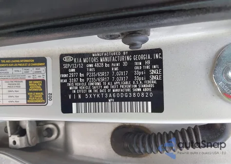 2013 Kia Sorento Lx z USA, uszkodzony, nr VIN 5XYKT3A60DG380820